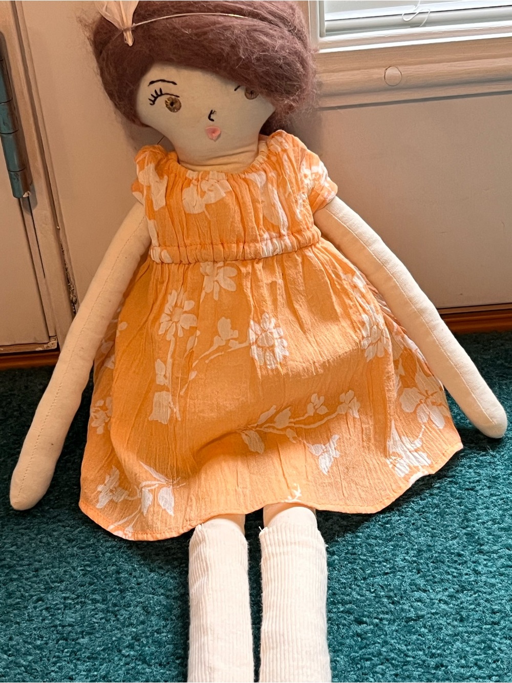 Anna Olive South Korea Handcrafted Rag Doll Orange Floral Gauze Dress Rare VTG